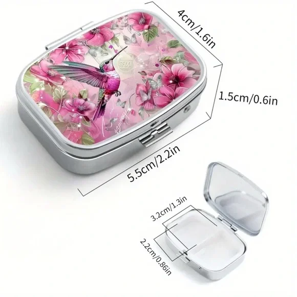 🐰 Pink Hummingbird Multi-Use Pill Box Mirror Container - Picture 2 of 7